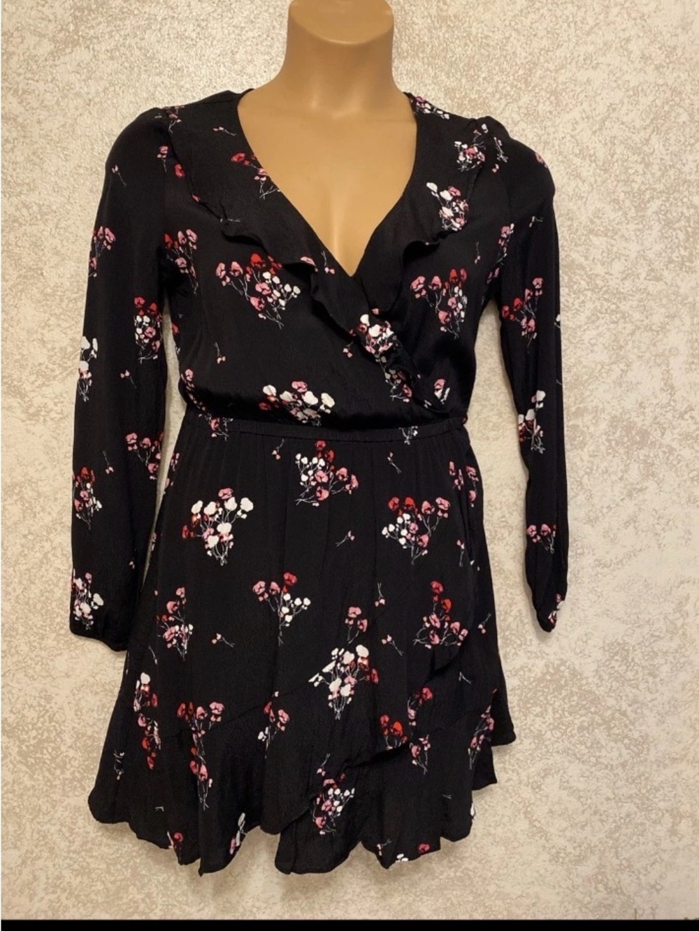 Express Black Floral Ruffle Faux Wrap Midi Dress